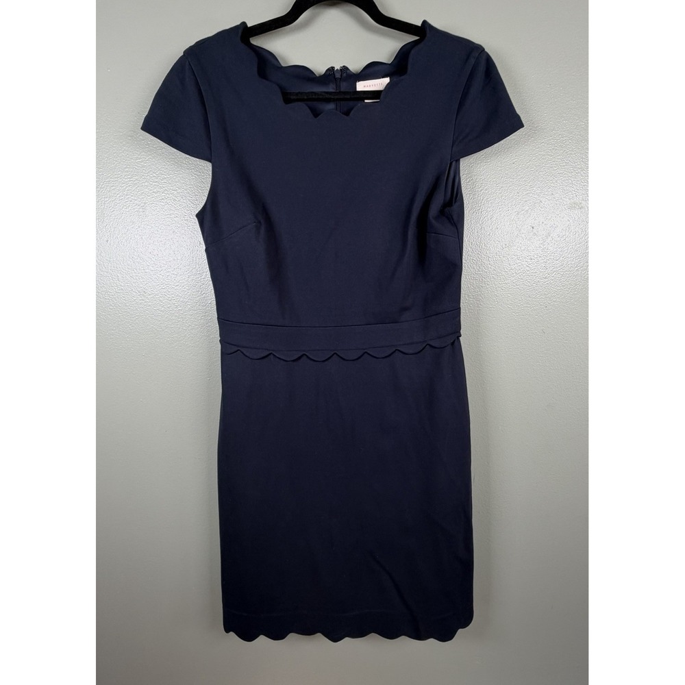 Mauvette Middleton Ponte Navy Blue Scallop Trim Sheath Dress Short Sleeve M